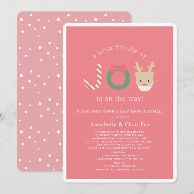 Joy Reindeer Mask Pink Holiday Baby Shower by Mail Invitation (Front/Back)