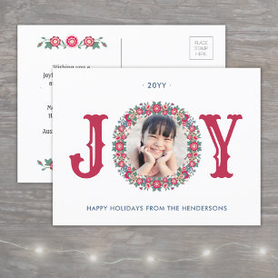 Joy Retro Floral Holiday Wreath One Photo Colourfu Announcement Postcard