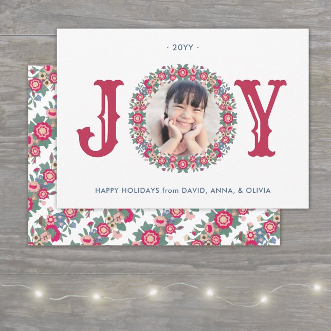 Joy Retro Floral Holiday Wreath One Photo Colourfu Card (Creator Uploaded)