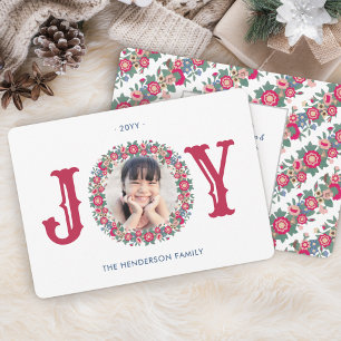 Joy Retro Holiday Floral Wreath One Photo Colourfu