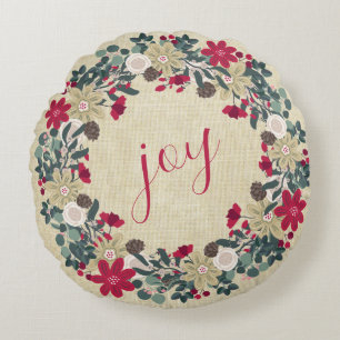 Joy - Reversible Floral Farmhouse Christmas Wreath Round Cushion