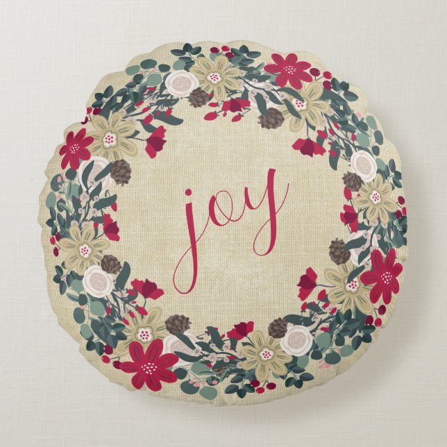 Joy - Reversible Floral Farmhouse Christmas Wreath Round Cushion (Front)