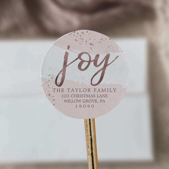 Joy | Rose Gold Christmas Return Address Classic Round Sticker (Creator Uploaded)
