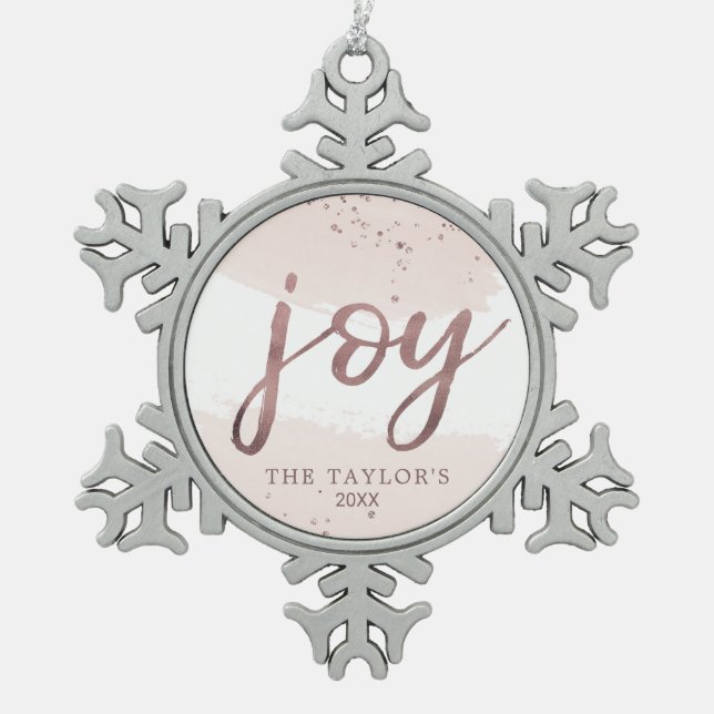 Joy | Rose Gold Holiday Snowflake Pewter Christmas Ornament (Front)