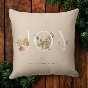 Joy Rustic Woodsy Watercolor Mushroom Christmas Cushion