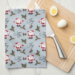 Joy, Santa and Christmas Holly Tea Towel