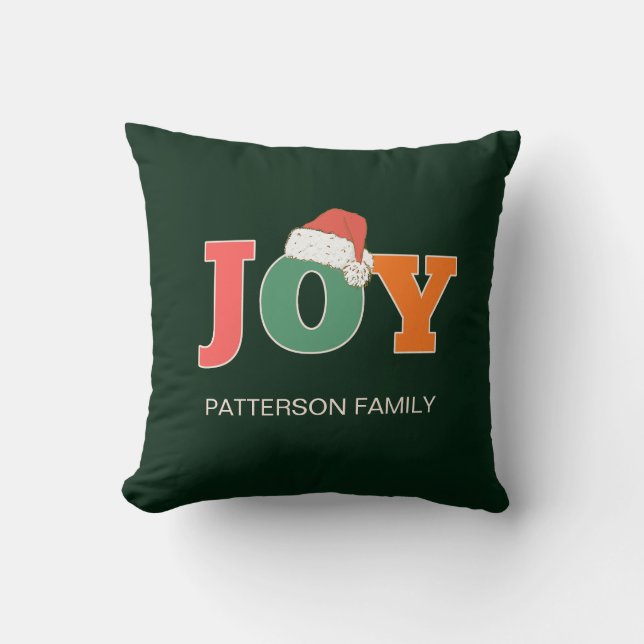 JOY! Santa Hat Script Typography Custom Family Cushion (Front)