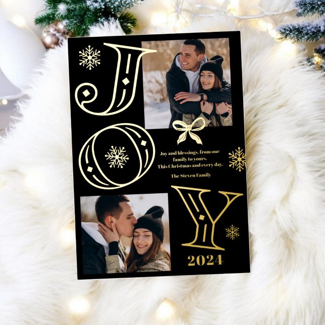 Joy script 2 photos snowflakes black Christmas Foil Holiday Card (Joy script 2 photos snowflakes black Christmas Foil Holiday Card)