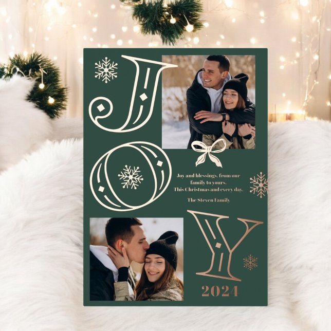 Joy script 2 photos snowflakes green Christmas Foil Holiday Card (Joy script 2 photos snowflakes green Christmas Foil Holiday Card)