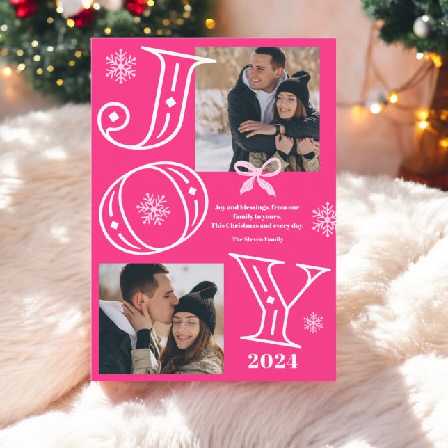 Joy script 2 photos snowflakes neon pink Christmas Holiday Card (Joy script 2 photos snowflakes neon pink Christmas Holiday Card)