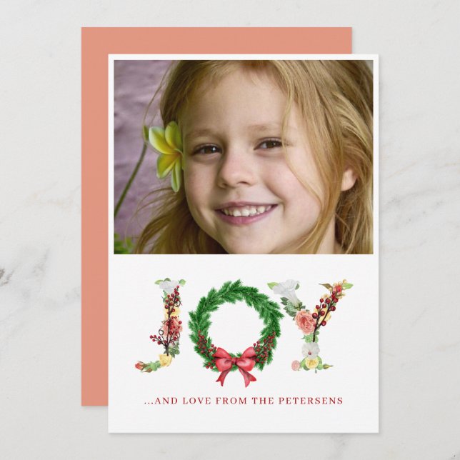 Joy script Christmas floral wreath custom photo Holiday Card (Front/Back)