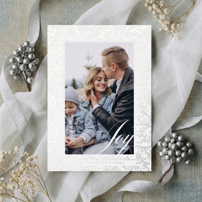 Joy Script Decorative Floral & Foliage Photo Frame Foil Holiday Card (Elegant Joy Script Floral Family Photo Christmas Foil Holiday Card)