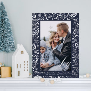 Joy Script Decorative Floral & Foliage Photo Frame Foil Holiday Card