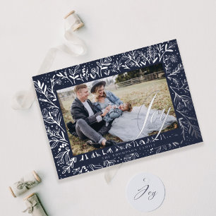 Joy Script Decorative Floral & Foliage Photo Frame Foil Holiday Card