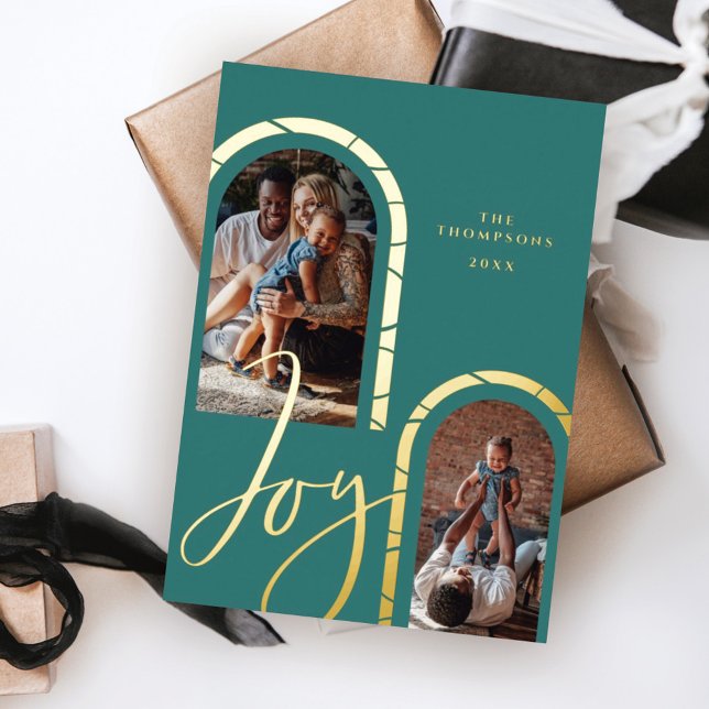 Joy Script Elegant Photo Family Modern Arches Foil Holiday Card (Creator Uploaded)