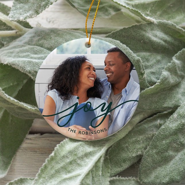 Joy Script | Family Name Double Sided Photo Ceramic Ornament (Creator Uploaded)