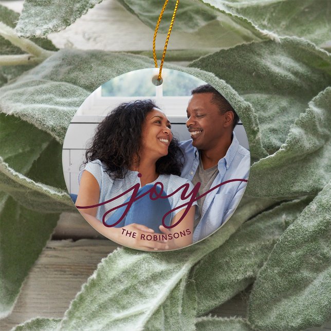 Joy Script | Family Name Double Sided Photo Ceramic Ornament (Creator Uploaded)