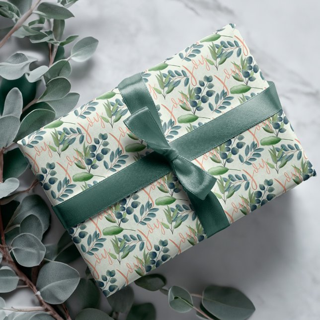 Joy Script Green Sage Floral Foliage Christmas Wrapping Paper (Joy Script Green Sage Floral Foliage Christmas Wrapping Paper)