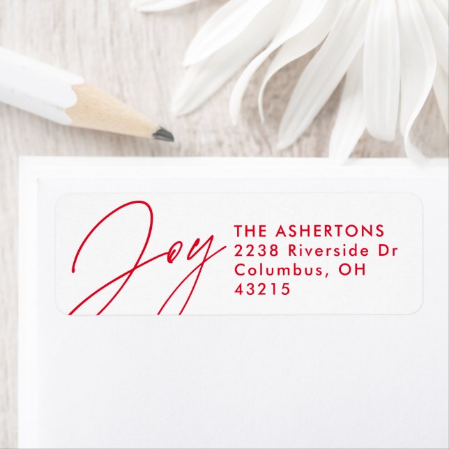 Joy script red Christmas holiday return address La Label (Insitu)