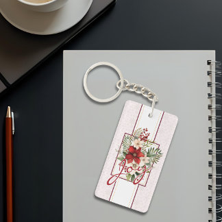 Joy Script Winter Botanical Christmas Key Ring