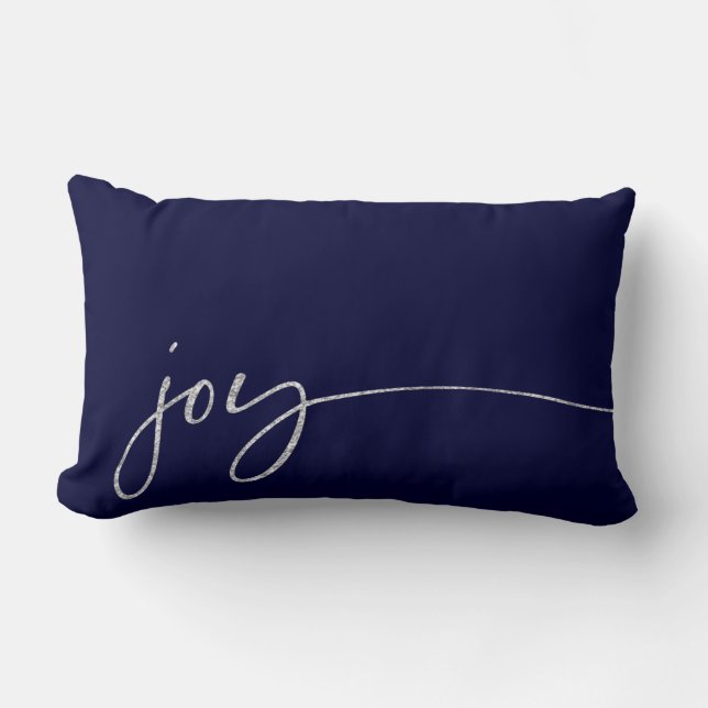 Joy Silver Navy Elegant Script Calligraphy Lumbar Cushion (Front)