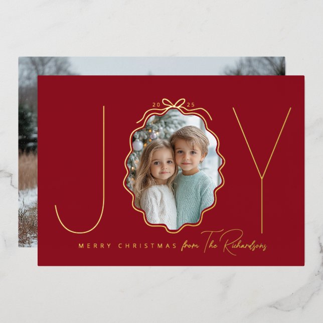 Joy Simple Bow Red Wavy Photo Foil Holiday Card (Front/Back)