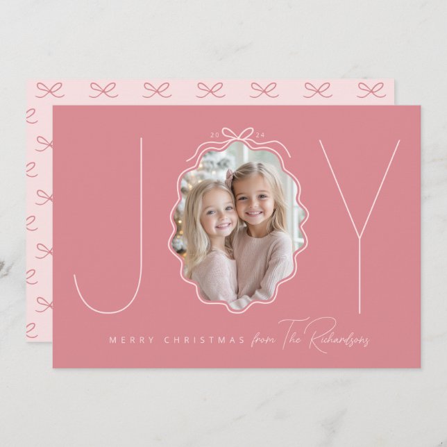 JOY Simple Bow Wavy Photo Christmas Holiday Card (Front/Back)