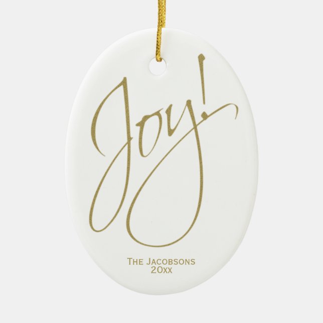 Joy! Simple Elegant Gold & White Christmas Photo Ceramic Ornament (Front)