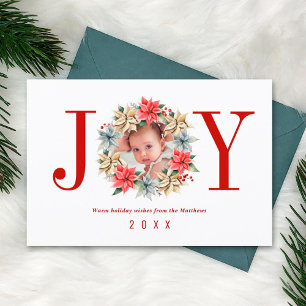 Joy Simple Farmhouse Poinsettia Wreath and Photo Holiday Card