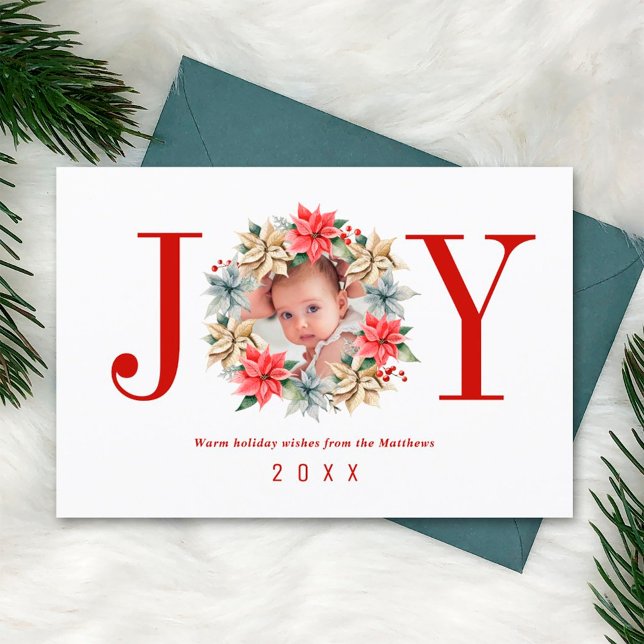 Joy Simple Farmhouse Poinsettia Wreath and Photo Holiday Card (Creator Uploaded)