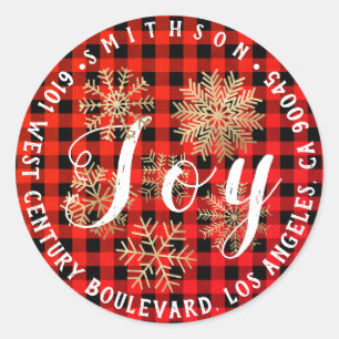 Joy Snow Christmas Return RSVP Buffalo Plaid Check Classic Round Sticker