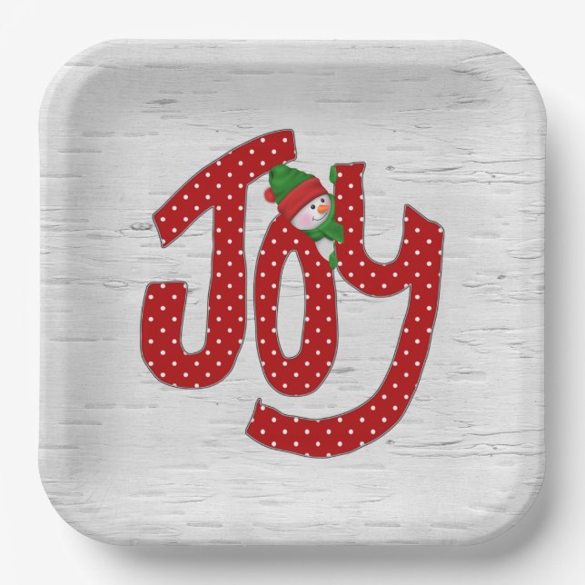 Joy Snowman on White Birch Paper Plate (Front)