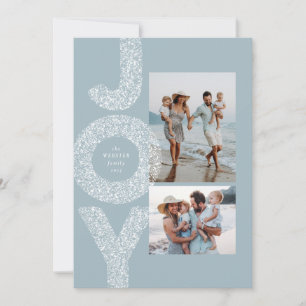 Joy snowy speckle ice blue two photo Christmas Holiday Card