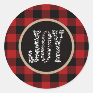 JOY Sparkling Lights Holiday Red Buffalo Plaid Classic Round Sticker