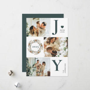Joy Stylish 3 Photo Collage   Dark Green Christmas Holiday Card