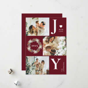 Joy Stylish Modern Photo Collage   Red Christmas Holiday Card