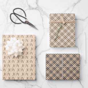 Joy Tan Tartan Plaid Pattern Christmas Wrapping Paper Sheet