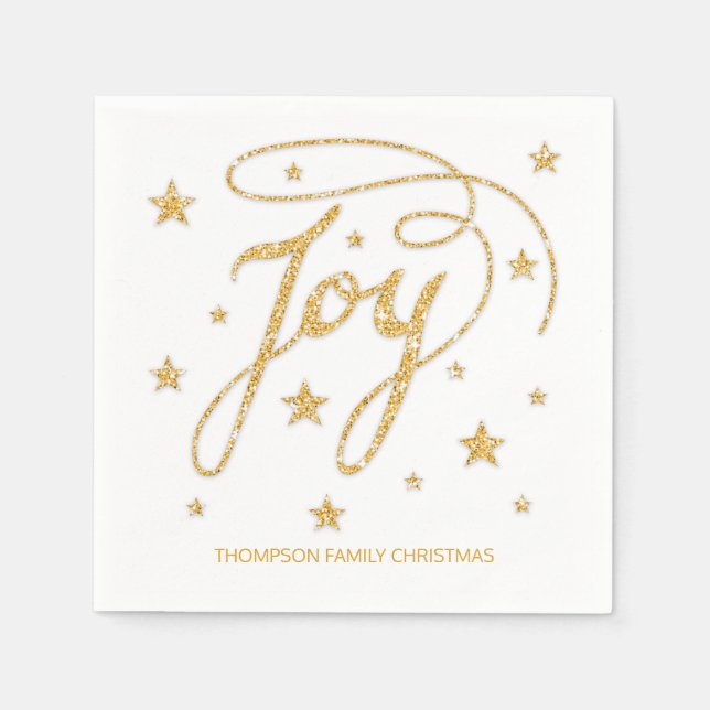 JOY Text Faux Gold Glitter Look & Custom Title Napkin (Front)