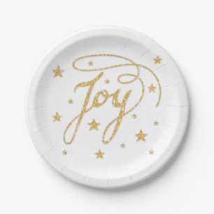 JOY Text Faux Gold Glitter Look With Stars Paper Plate