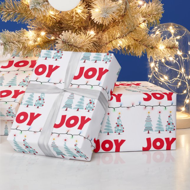 Joy Three Blue Christmas trees lighting Wrapping Paper (Holidays)
