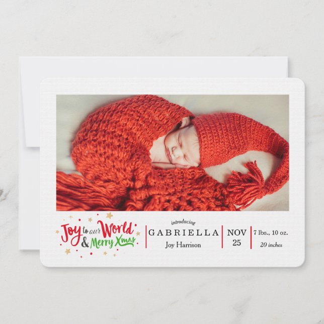 Joy to our World Christmas Photo Birth Announce Invitation (Front)