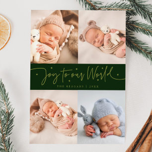 Joy To Our World Green Multi Photo Birth Announcement