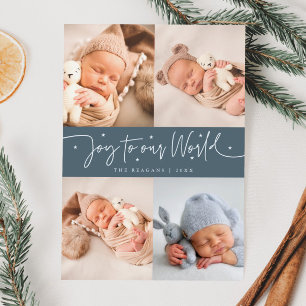 Joy To Our World Slate Blue Multi Photo Birth  Announcement