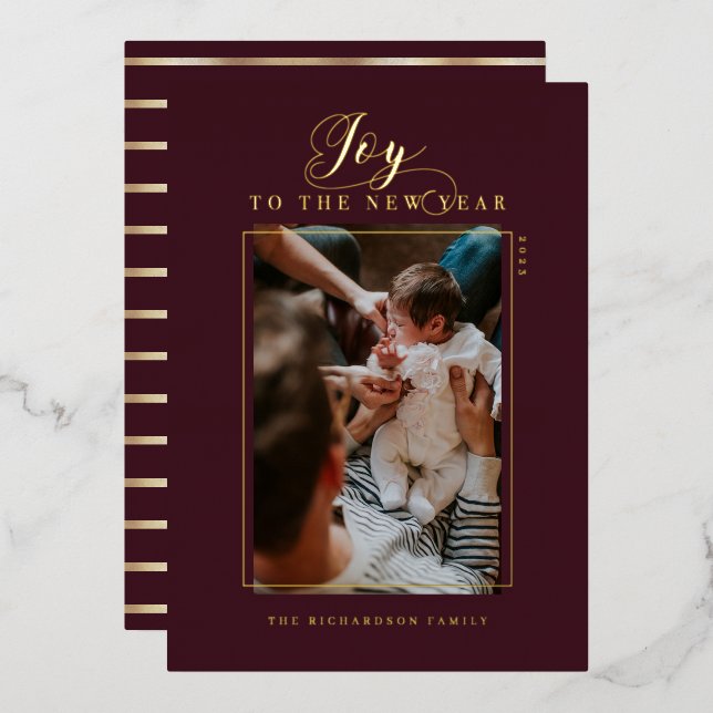 Joy to the New Year Elegant Script Photo & Stripes Foil Holiday Card (Front/Back)