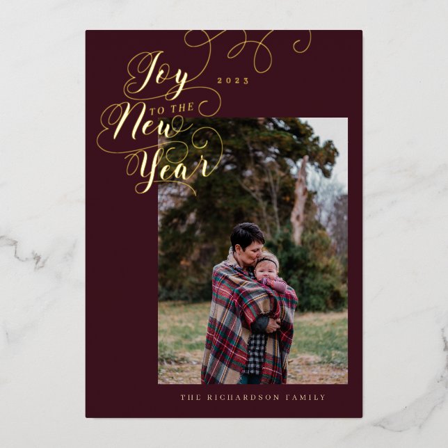Joy to the New Year | Family Photo Elegant Script Foil Holiday Card (Front)