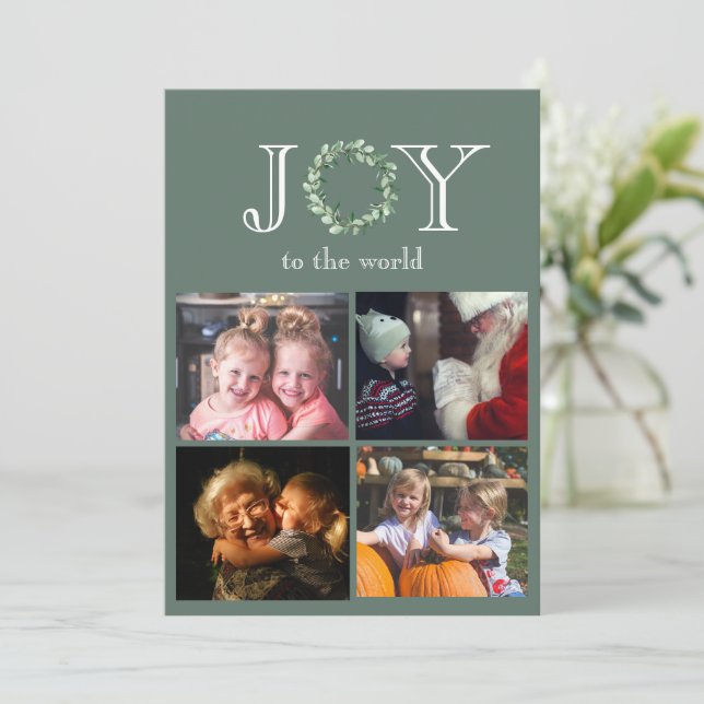 Joy to the World 4 Photos Personalised Holiday Card (Standing Front)
