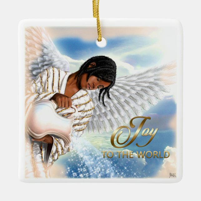 Joy to the World. African American Angel Christmas Ceramic Ornament (Front)