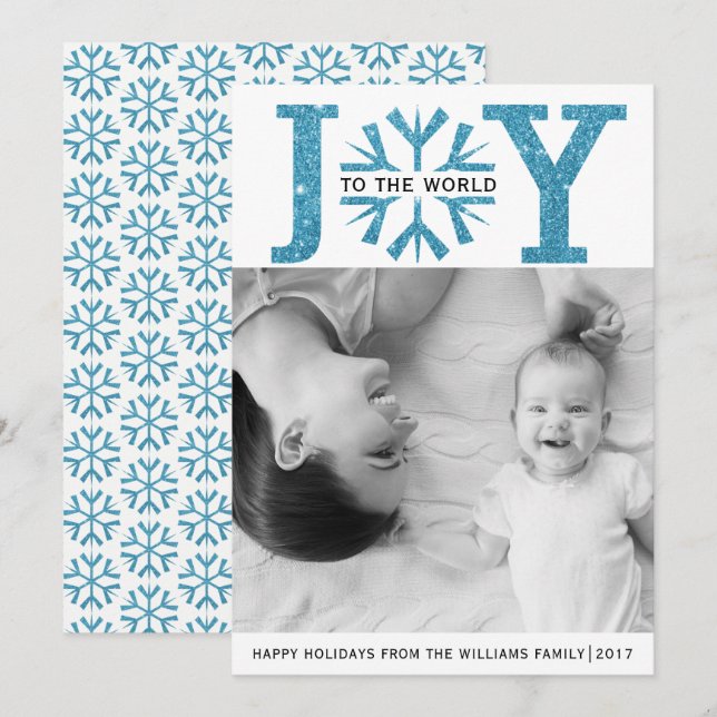 Joy to the world aqua blue snowflake Christmas Holiday Card (Front/Back)