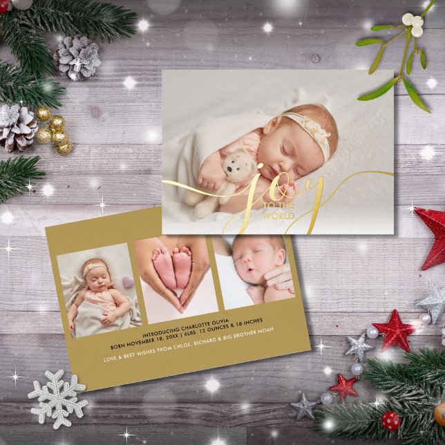 Joy to the World Baby 4 Photo Gold Foil Holiday Card (Creator Uploaded)