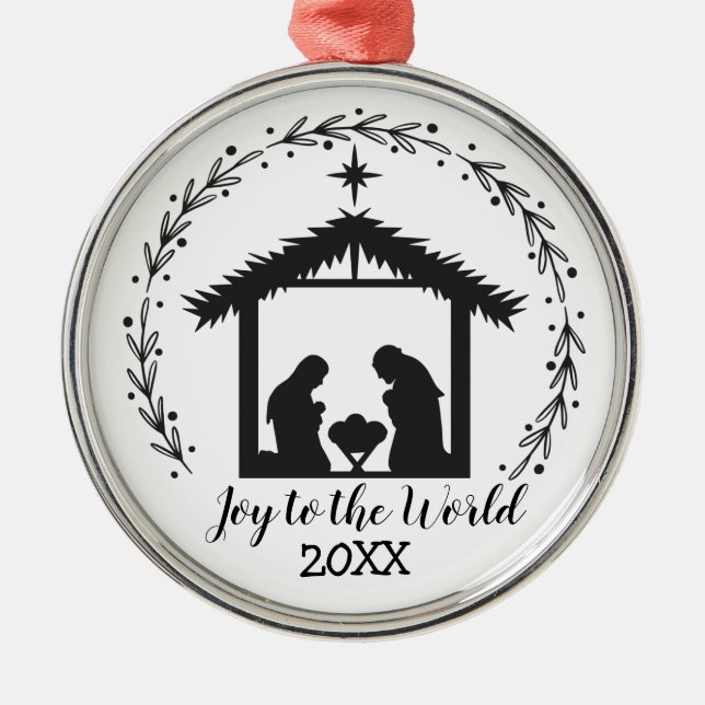 Joy to the World Black and White Metal Ornament (Front)